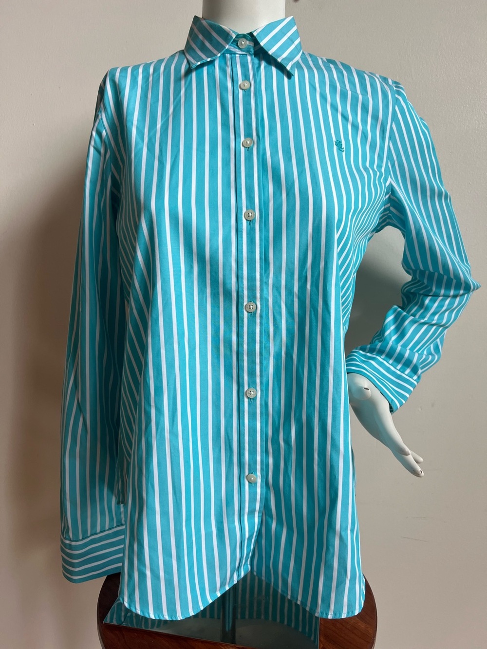 Lauren Ralph Lauren Turquoise and White Striped Button-Down Shirt
